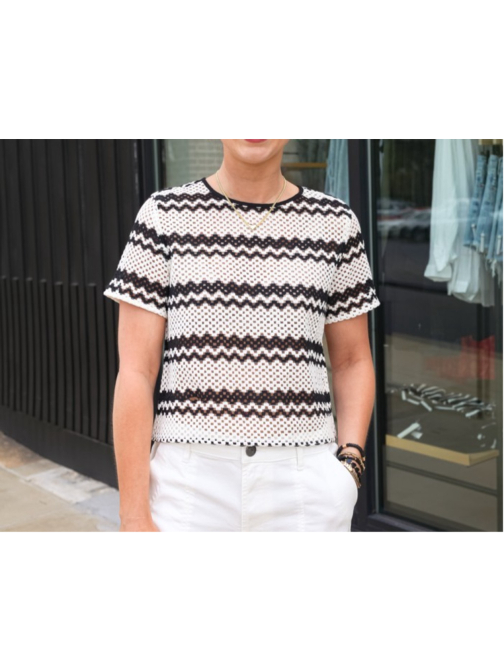 New w Tags Womens M Black White Striped Evereve Short Sleeve Leni Crochet Tee